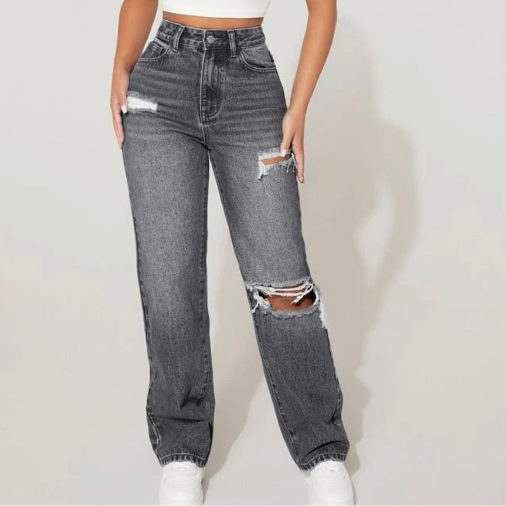 SHEIN PETITE High Waist Cut Out Ripped Frayed Straight Leg Jeans